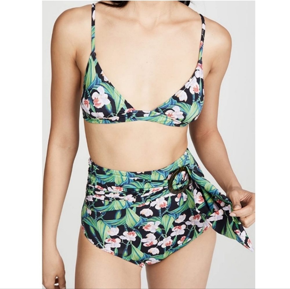 PATBO GREEN FLORAL HIGH WAISTED BIKINI BOTTOMS